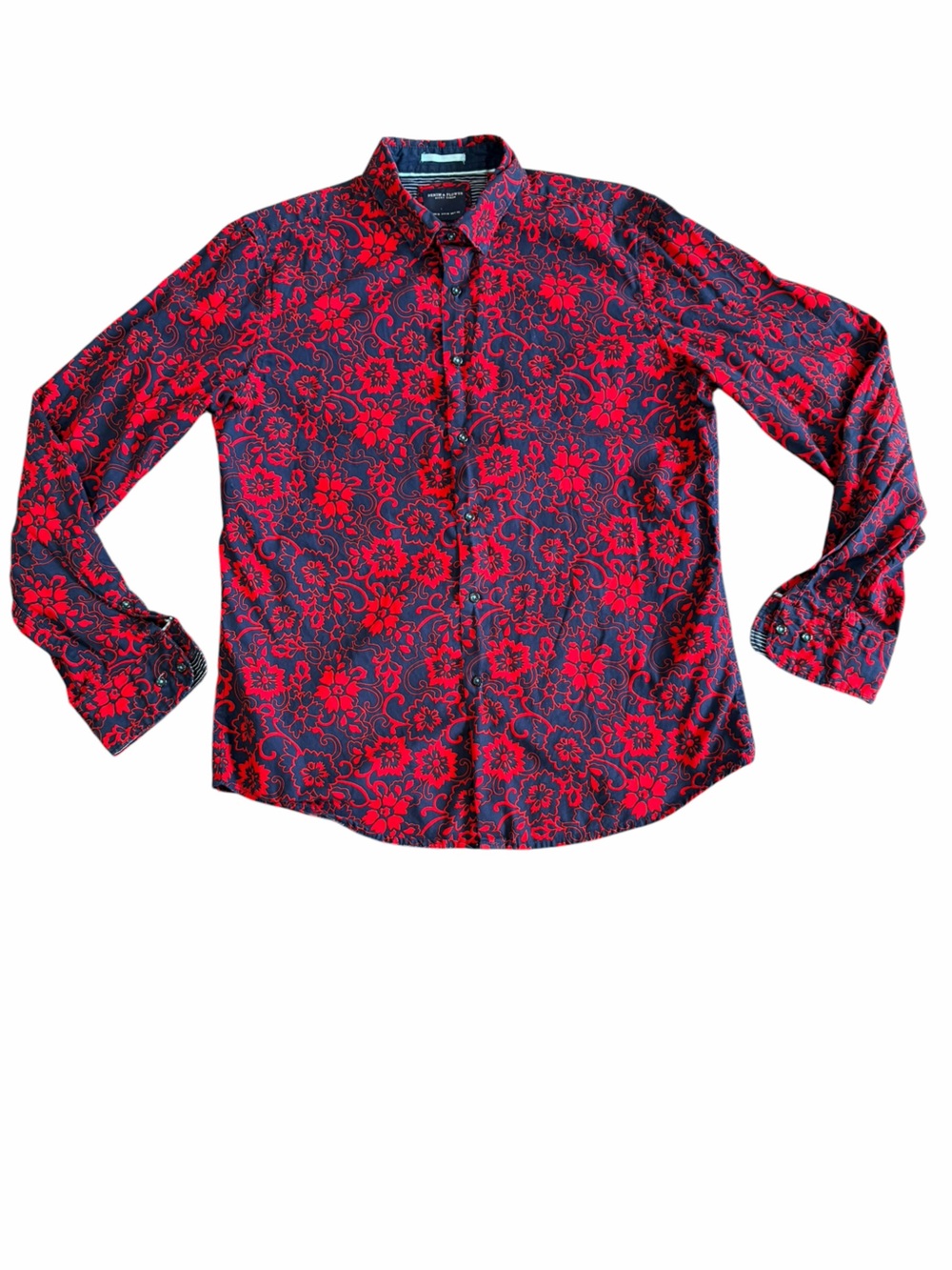 Denim & Flower Ricky Singh Floral Button Front Shirt Mens M Red Navy Long Sleeve